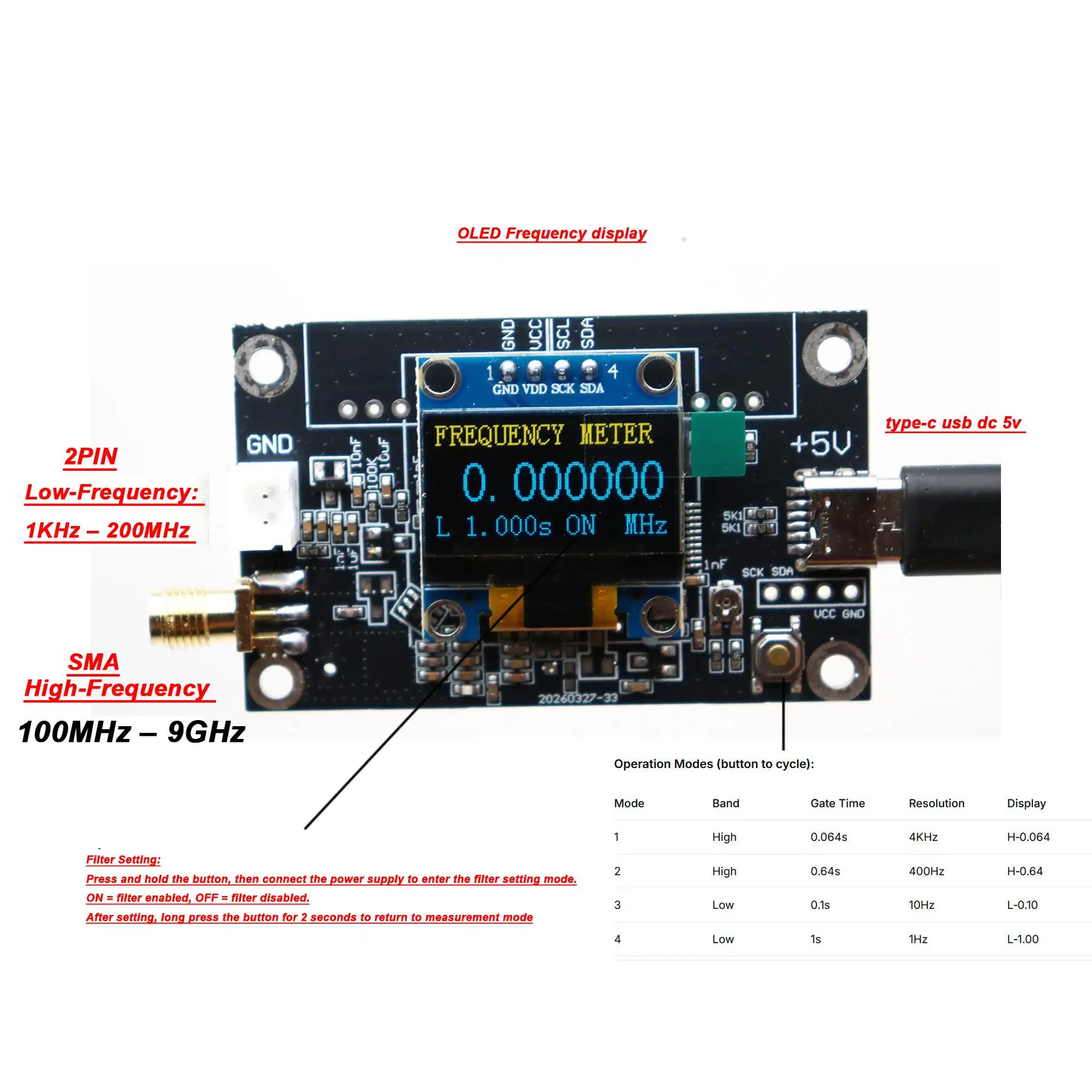 Compteur de fréquence numérique 1KHz à 9000MHz, testeur de fréquence RF, mesure de fréquence SW AM FM 868M SDR 2.4GHz 5G 5.8GHz WIFI Signal
