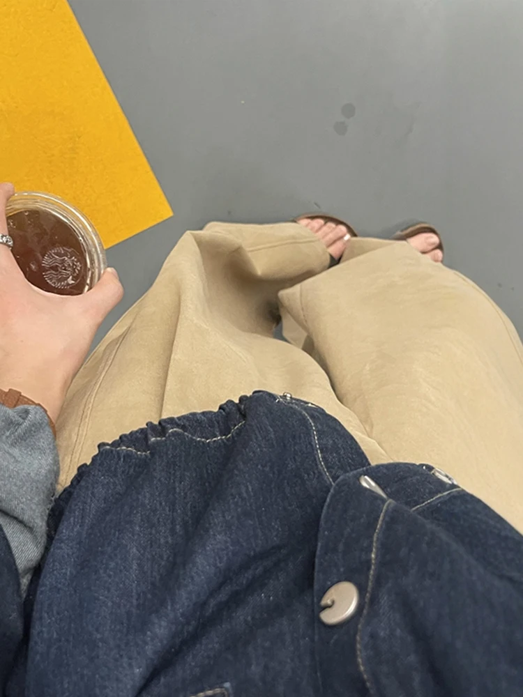 الكاكي واسعة الساق السراويل النسائية فضفاضة تناسب مريحة مستقيم بليد كسول Sle بالإضافة إلى حجم السراويل عارضة