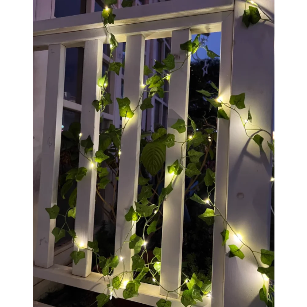

Solar powered rattan simulated green leaves garden decoration atmosphere landscape lights