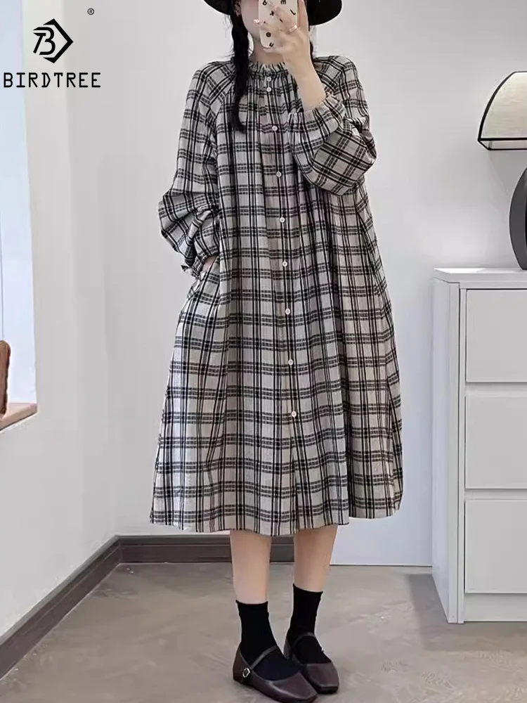 New Summer Cotton Long Sleeve Dresses, Woman Standing Collar Plaid, Mori Girl Casual Vintage Loose Dress, 2024 Autumn D47831QM