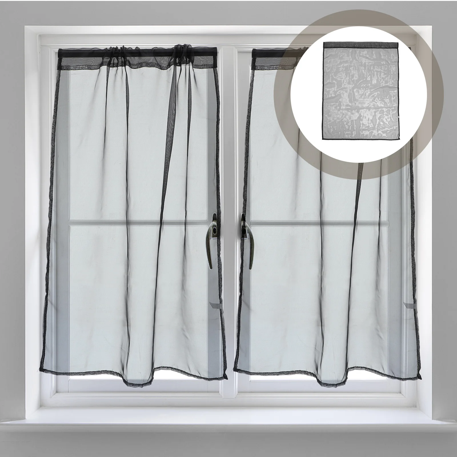 

2Pcs Short Sheer Curtains Black Voile Drapes Bedroom Living Room Window Tulle Privacy Filtered Light Decorative Gauze Curtain