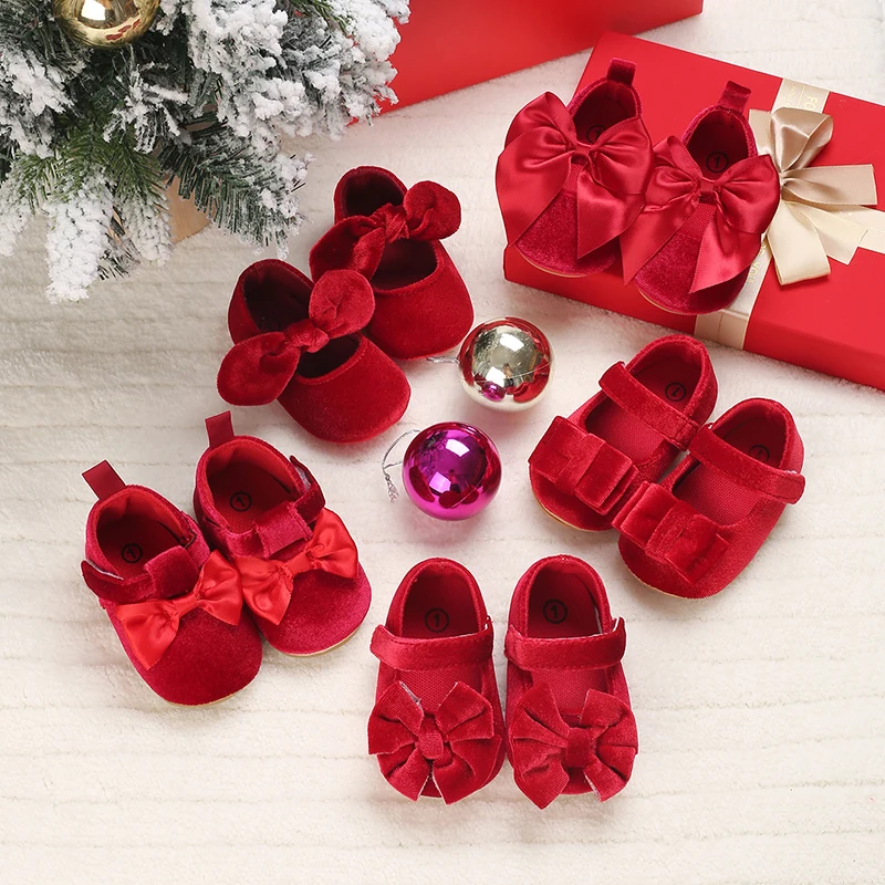 HAIZHIW Christmas Prewalker Newborn Baby RED Bow Solid Color Soft Comfort 0-18 Months Baby Casual Shoes Toddlers