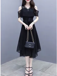 Grace Women's Clothing Black Long Dress Summer Clothes Waist Thin Fashion V Neck Chiffon Korean Version French Harajuku Dress