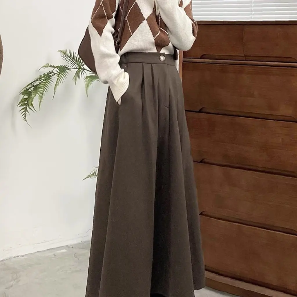 

Woolen Korean Style French Style Slimming Vintage High Waist A-Line Skirt for Autumn Winter Elegant Long Umbrella Skirt