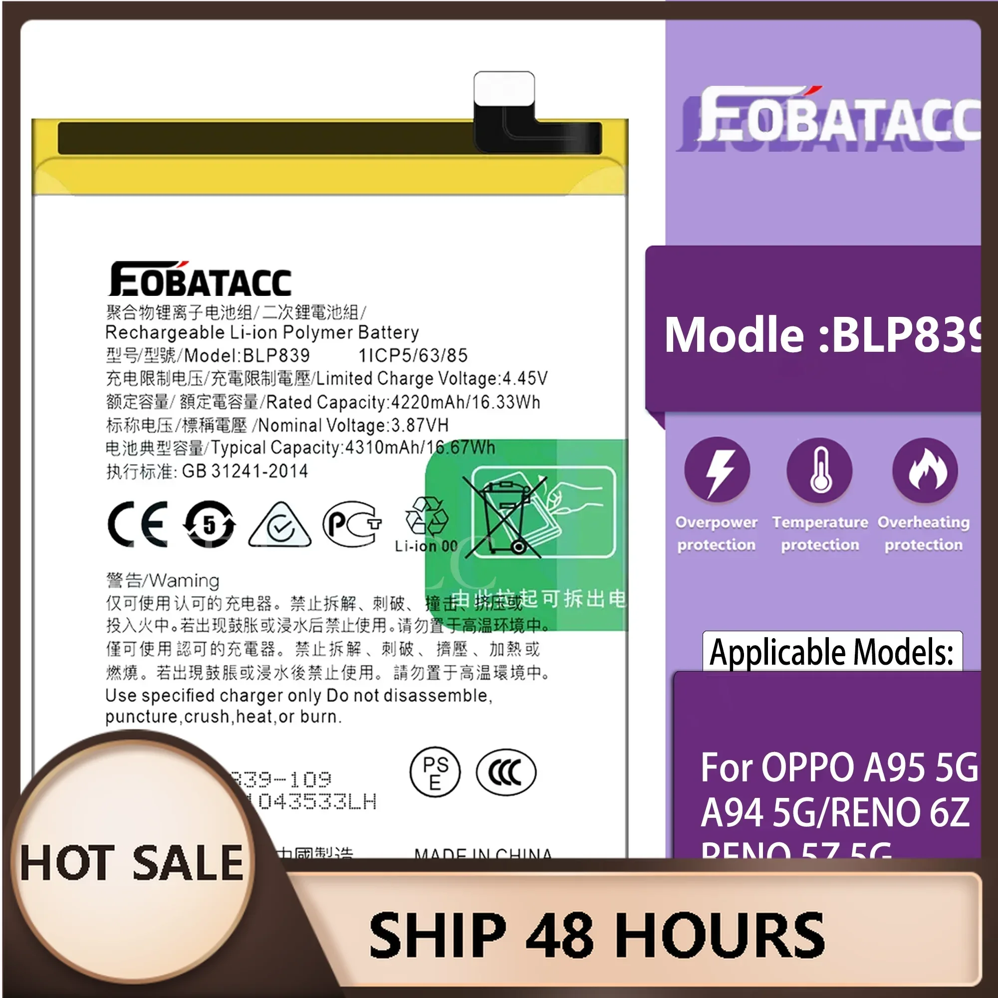 EOTABACC 100% New Original Battery BLP839 For OPPO A95 5G /A94 5G/RENO 5Z 5G/RENO 6Z Battery + Free Tools