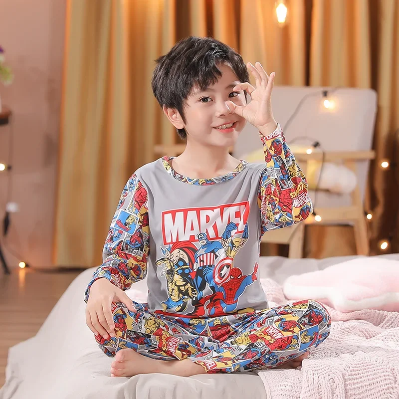 Spring Boys Girls Pajamas Set Cartoon Frozen Elsa Mickey Minnie Spiderman Kid Long Sleeve Home Sleepwear Children Nightgown Suit