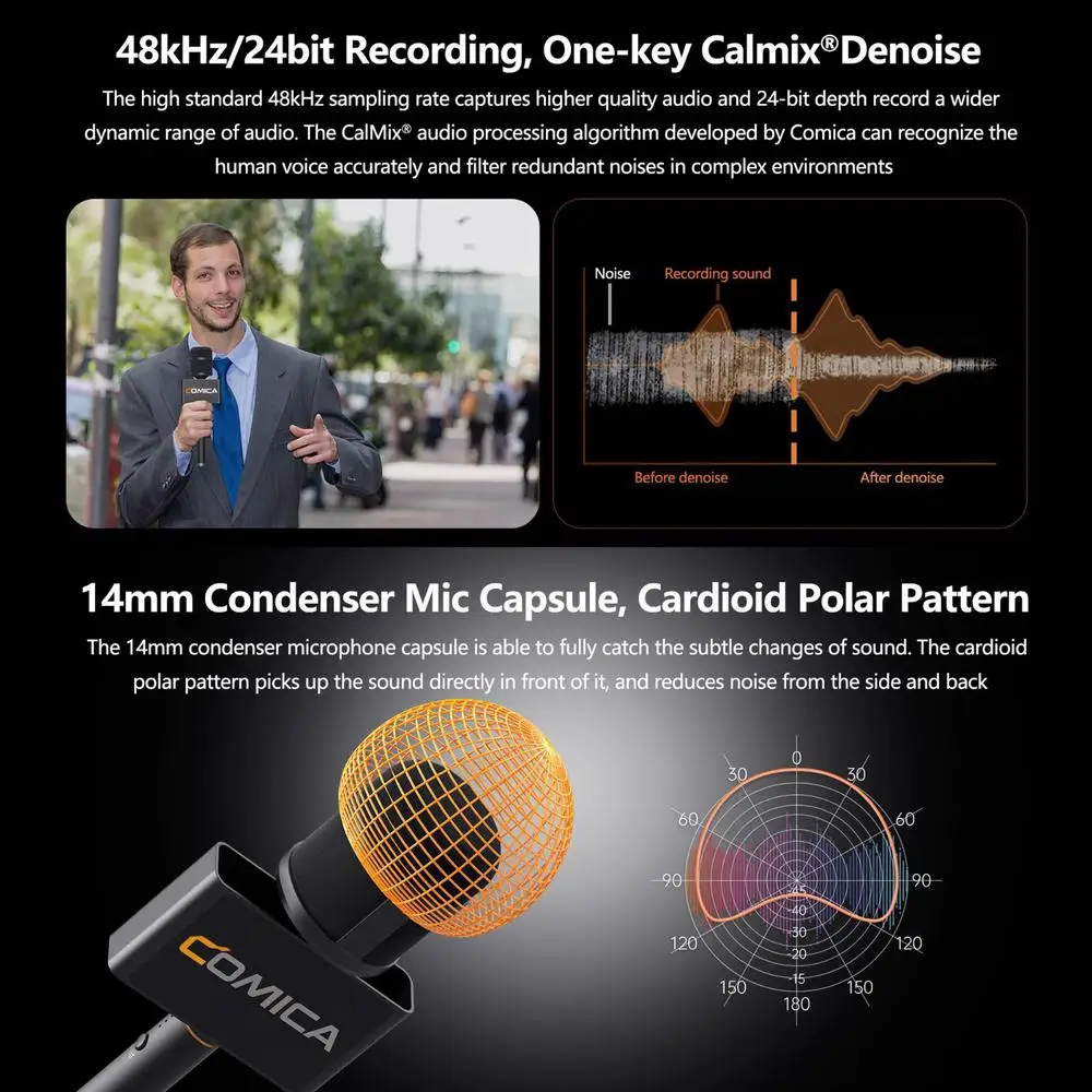Comica Revo S V2 Wireless Interviewing Microphone for Smartphone, Windows, Mac OS Denoise Cardioid Polar Pattern Outdoor Mic