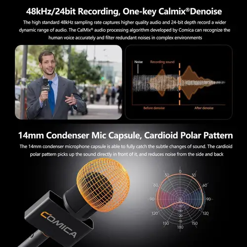 Imagen 2 del producto Micrófono Inalámbrico Comica Revo S V2 para Entrevistas, Compatible con Smartphones, Windows, Mac OS, con Patrón Polar Cardioide y Reducción de Ruido, para Exteriores
