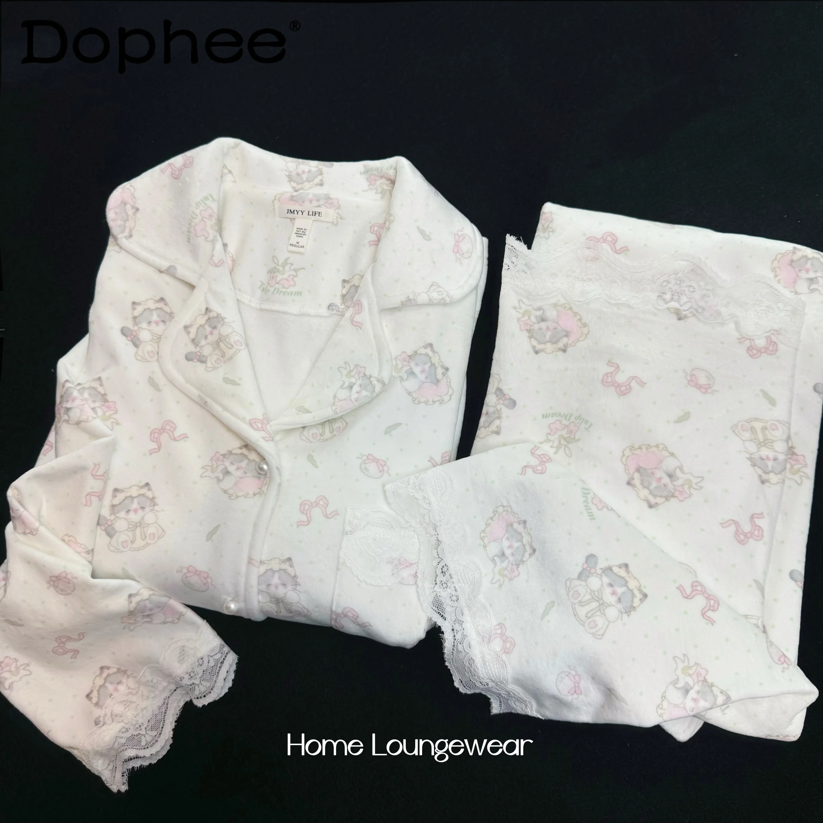 Original Japanese Autumn Winter New Cute Girl Lapel Long-sleeved Pajamas Cartoon Comfortable Soft Warm Thick Loungewear Set