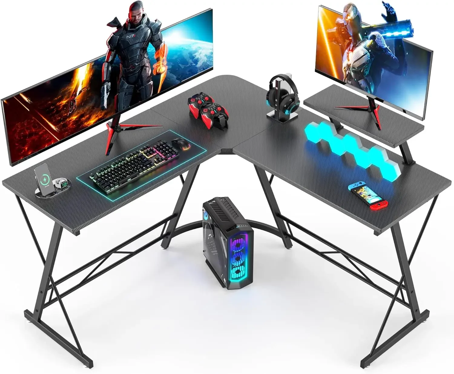 

L Shaped Gaming Desk, Computer Corner Desk Carbon Fiber Surface for Home Office, Writing Study Desk with Laptop Stand, Easy