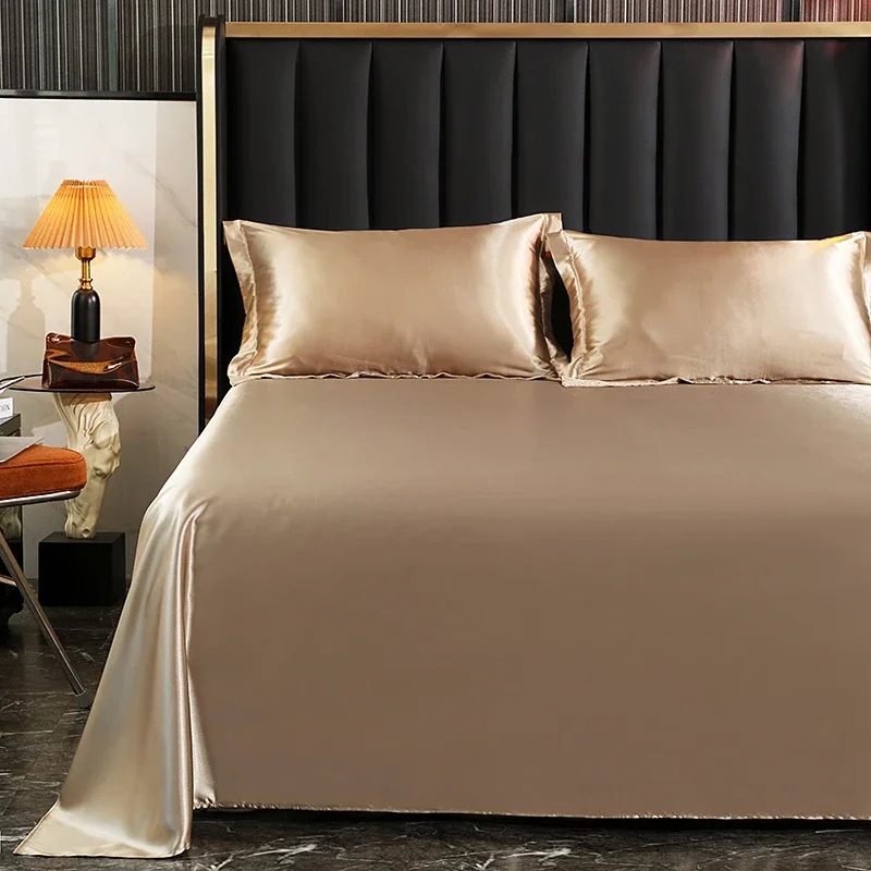 Luxury Mulberry Silk Bed Sheet and Pillow Cases Set Queen King Size Solid Color Silky Flat Bed Sheet Set Single Double Bedspread