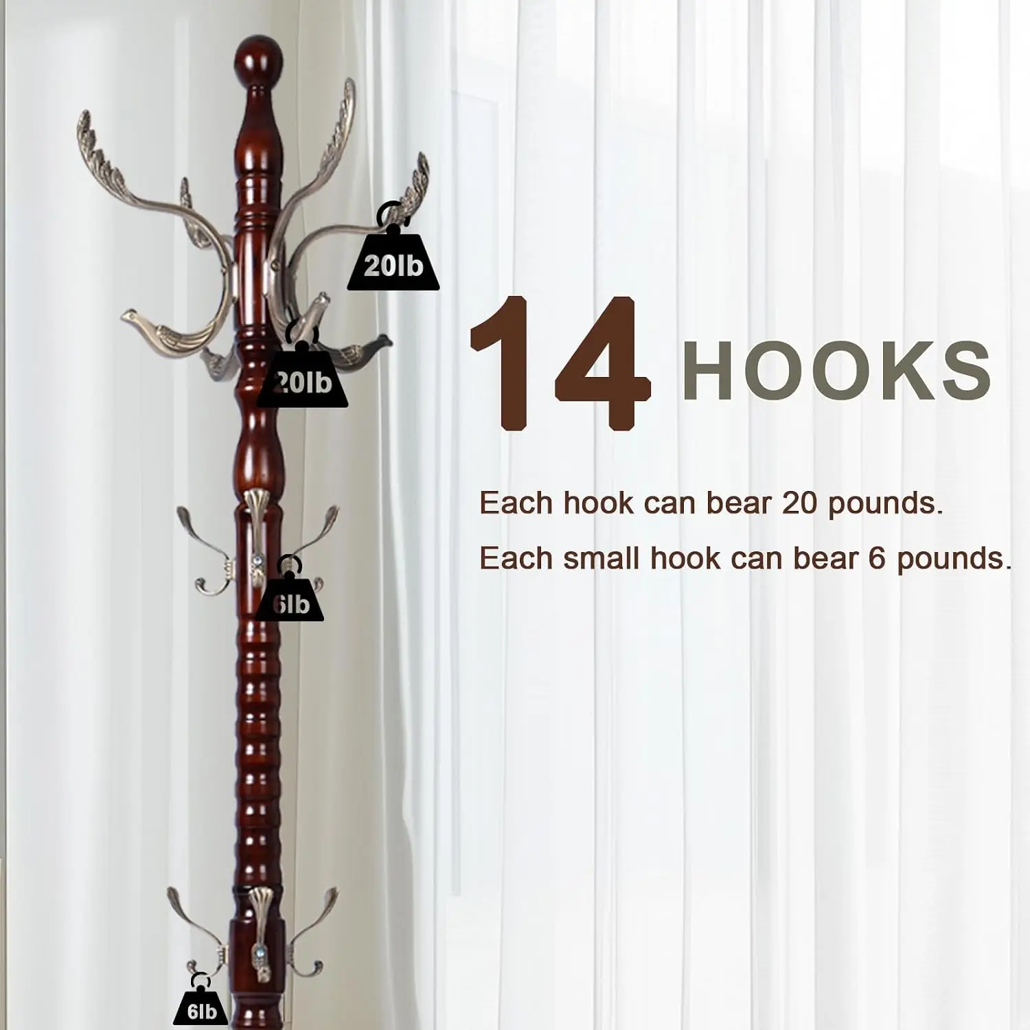 Wooden Coat Rack Stand with 14 Hooks & Sturdy Round Base for Jacket, Hat, Bag, Purse, Clothes, Customized