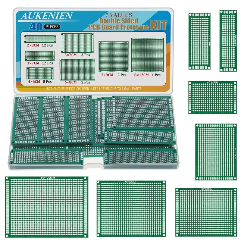 AUKENIEN 7 Values 40pcs Double Sided PCB Kit 2x8 3x7 4x6 5x7 6x8 7x9 8x12 Prototype Board For Arduino DIY Soldering