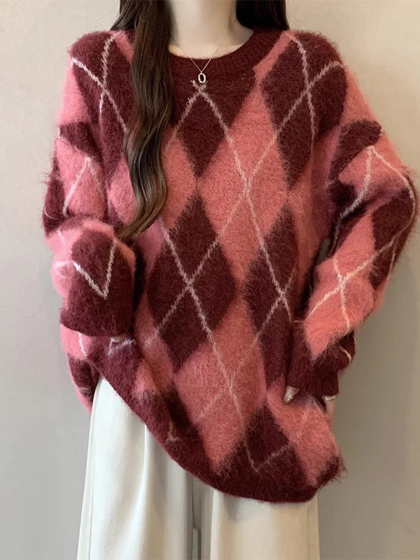 

Korean Sle Diamond id Loose Women's Knitted Sweater Large Size Fall Season Long Sve Casual Faion plus Size Top