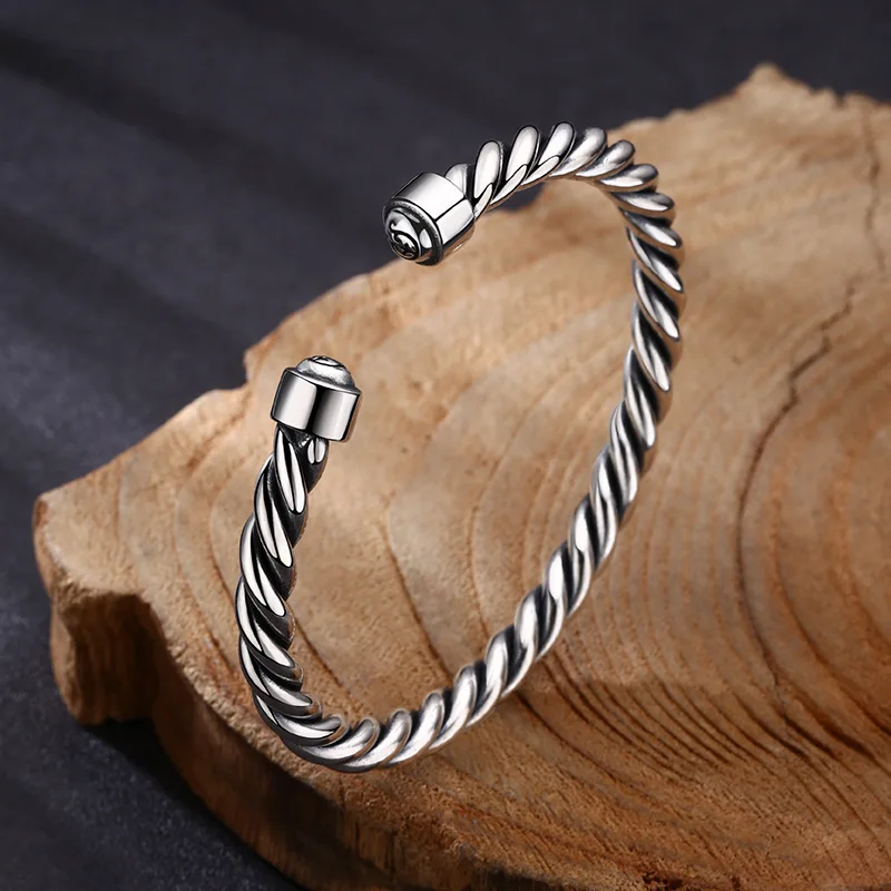 S925 Sterling Jewelry Handmade Twisted Rope Bracelet Vintage Thai Silver Open Bangle
