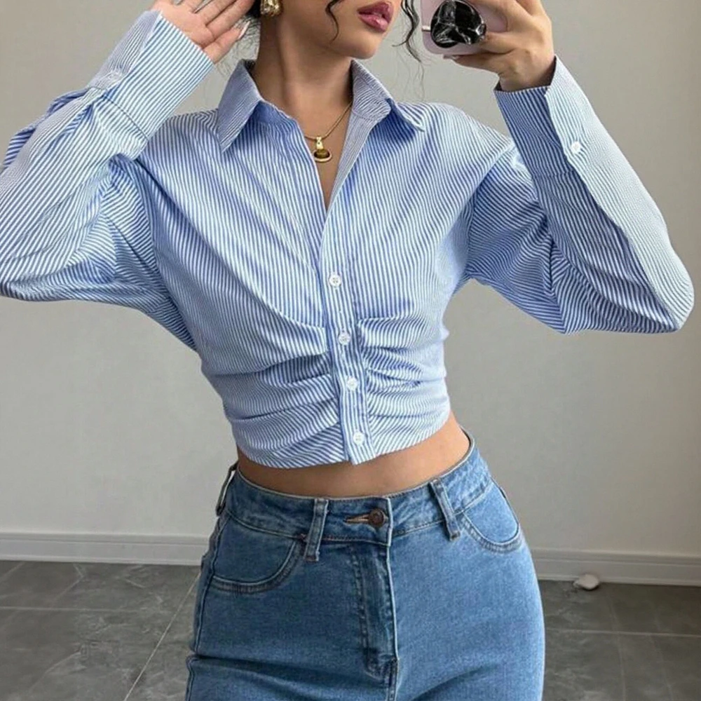 

Женские рубашки 2025 года, всесезонные удобные однотонные укороченные рубашки с длинным рукавом и воротником, повседневные облегающие рубашки