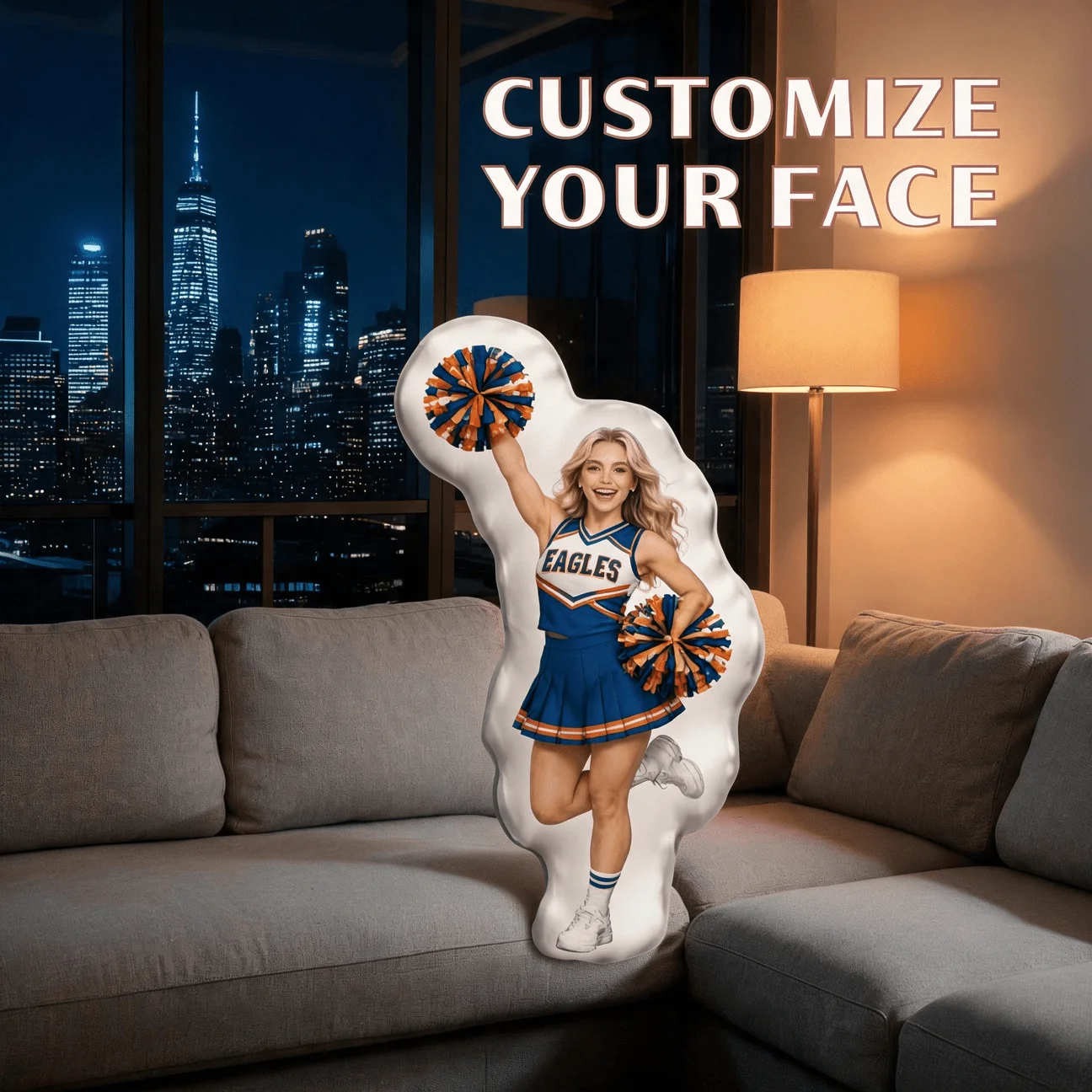 Custom Photo Cheerleader Shaped Pillow, Personalized Face Blue Uniform Decorative Cushion, 70CM Home Decor Accent for Sofa & Bed