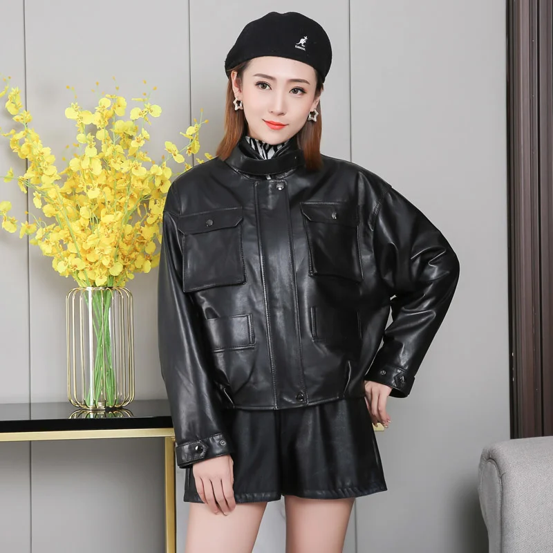 2023 New Genuine Leather Jacket Women New Women's Sheepskin Coat Fashion Loose Short Oversized Ladies Motorcycle Leath