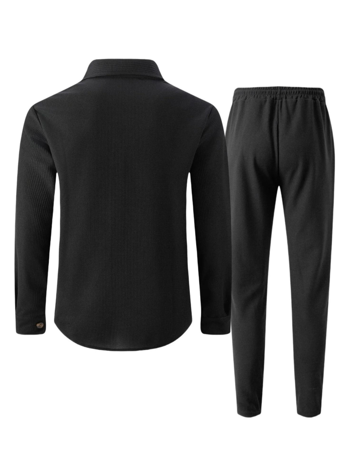 Ensemble deux pièces pantalon gaufré à manches longues, couleur unie, double poche, cardigan boutonné, chemise, nouvelle collection automne