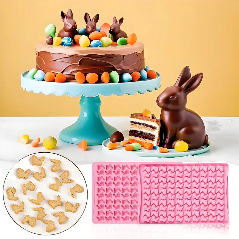 3D Rabbit Shape Biscuit Mold with 100 Grids Easter Bunny Silicone Chocolate Cookie Mould Spring Birthday Party Baking Tool