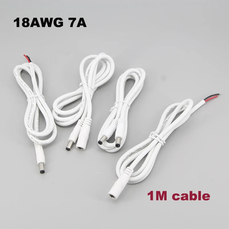 Белый 1 м 18awg 7A ток постоянного тока Мужской Женский Разъем питания Удлинительный кабель 5, 5x2, 1 мм медный провод для светодиодной ленты Φ L1