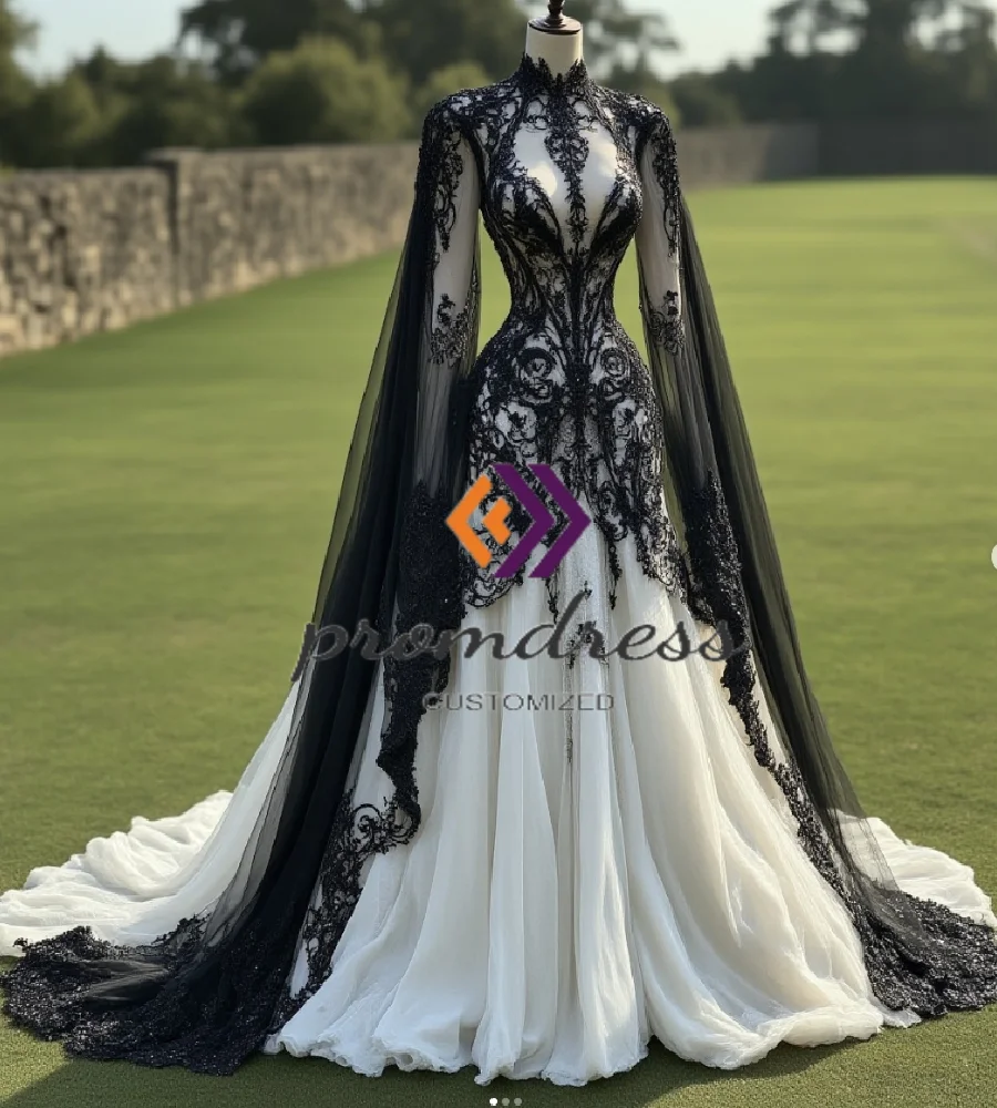 

Forest Elf Black And White Gothic Wedding Dress Victorian Medieval Fairy Boho Bride Dress Cape Lace Whimsical Vampire Bridal