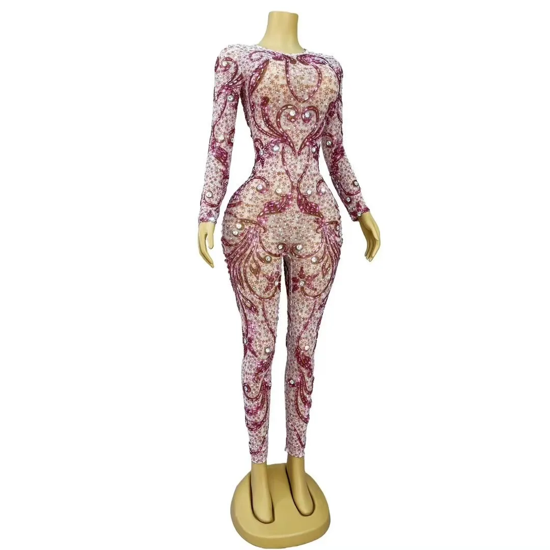Sexy Shining Rhinestones Jumpsuit Mesh Long Sleeves Bodysuit Special Stage Performance Costume Dance Show Outfit Club Vestido