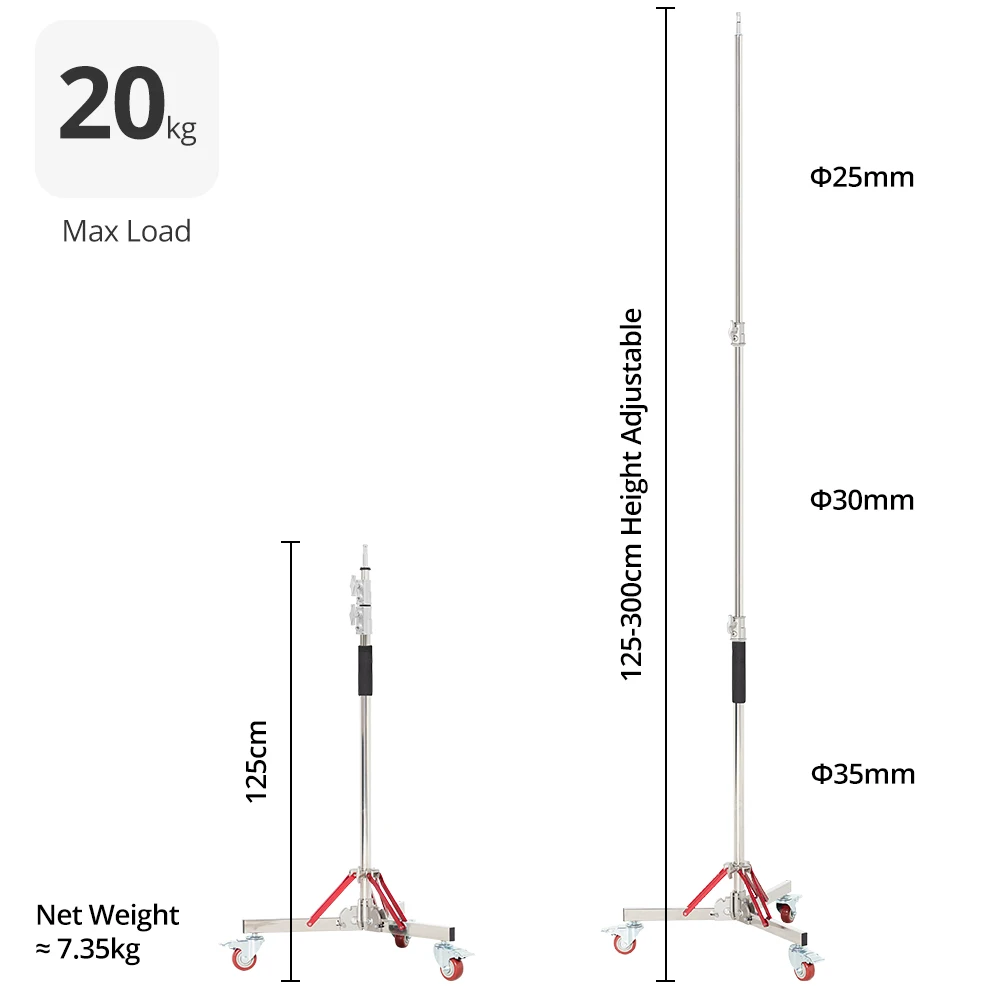 AMBITFUL Heavy Duty Stainless Steel AS-300 Light Stand +Wheel Load Bearing 20KG for Flash for high-intensity photography work