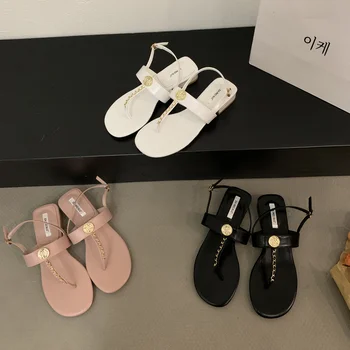 2023 새로운 여름 유행 우아한 여성 클립 온 로마 신발 검은 거친 뒤꿈치 샌들 세련된 여성 신발