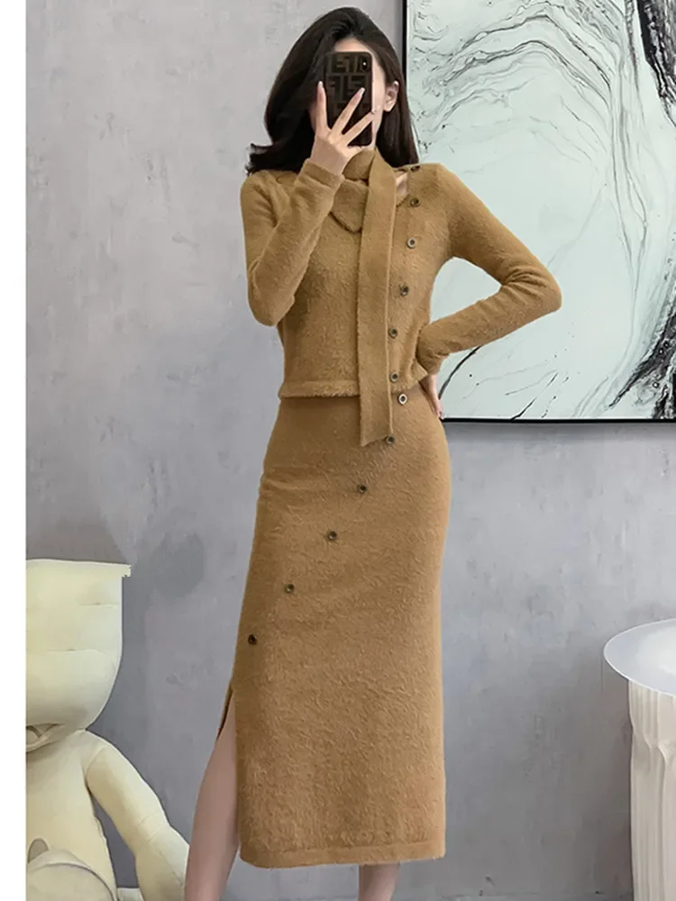 New Elegant 2 Piece Sets Women Outfit Knitted Office Lady Fashion Skew Collar Pullover Sweater Tops + Long Skirt Women\'s Suit