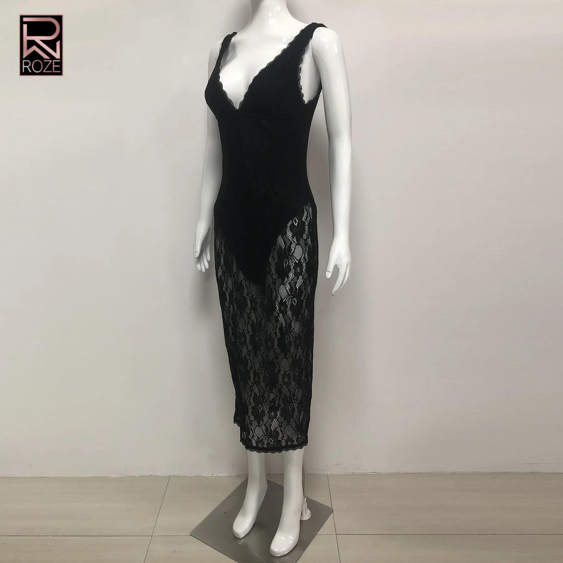 ROZE 2026 Trendiges schwarzes Spitzen-Cami-Midikleid mit V-Ausschnitt – schmal geschnittenes Damen-Party-/Datumsabendkleid für besondere Anlässe