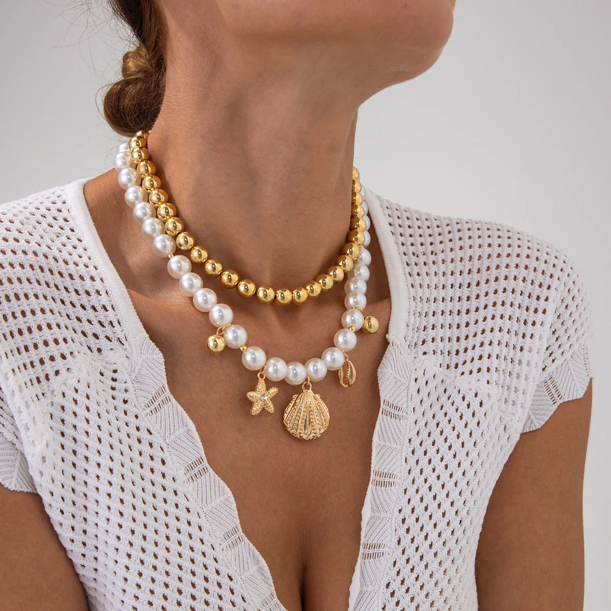 

Bohemian Imitation Pearl Chain Clavicle Necklace for Women Shell Starfish Ball Pendant Necklace Summer Beach Jewelry Gift