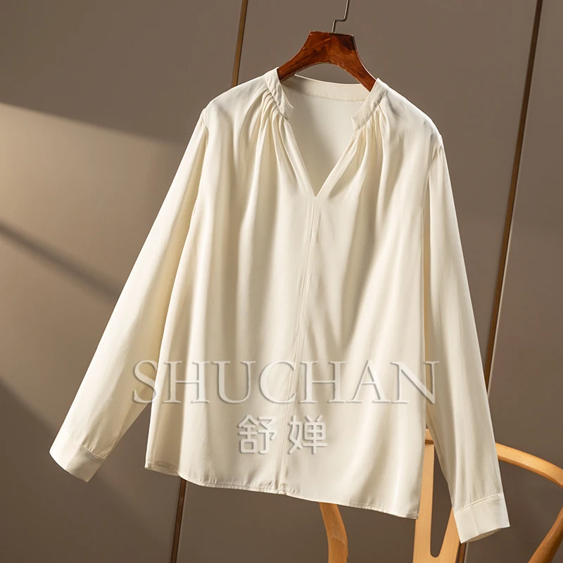 Spring luxury and unobtrusive high-quality silk elastic double Joe V-neck long-sleeved shirt women's 2W24