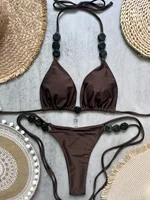 2025 Bikini Sexy con cuentas, traje de baño para mujer, Bikini con cuello Halter, traje de baño para playa, conjunto de Bikini con cuello en V, ropa de playa, traje de baño de verano