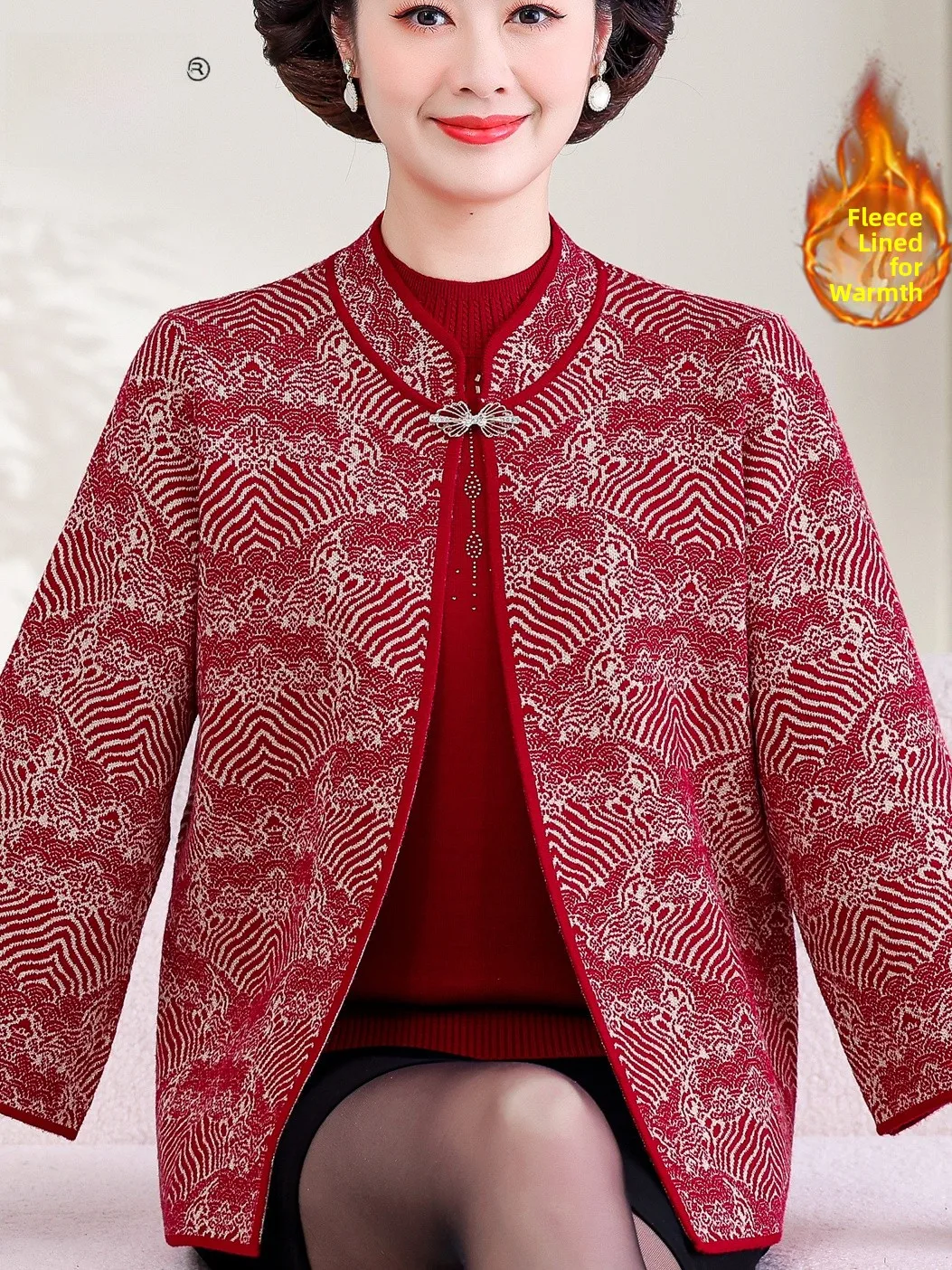 

Новый осенне-зимний вязаный комплект из двух предметов на подкладке, теплый комплект из двух предметов, свитер с высоким воротником для среднего возраста и ли...