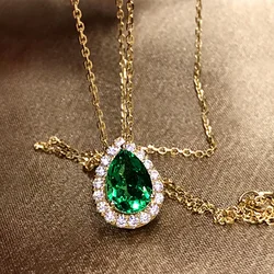 Huitan Hot Trend Green Water Drop CZ Pendant Necklace Fashion Jewelry for Women Gold Color Luxury Wedding Accessories Fancy Gift