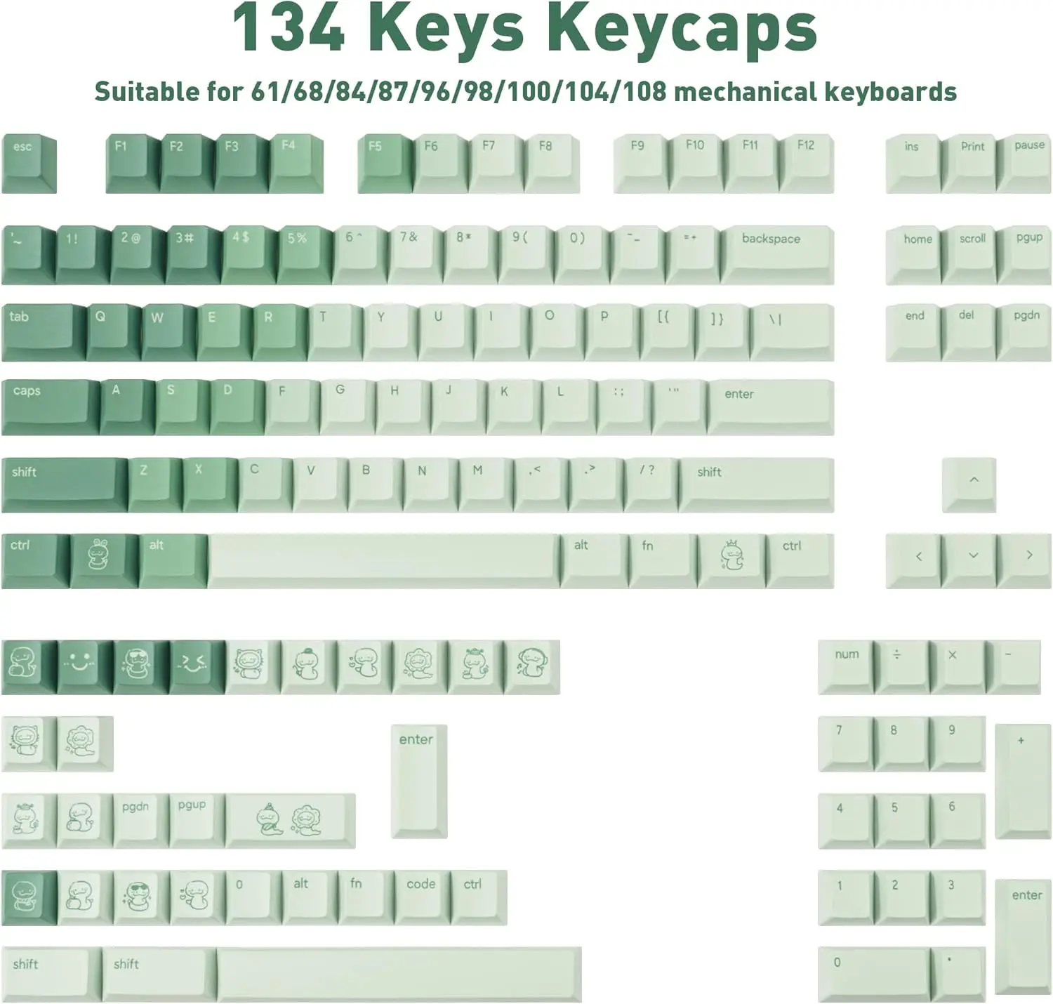 Cute Little Snake Theme PBT Keycaps 134 Keys for Cherry MX Mechanical Keyboards (60%/65%/75%/80%/100% Layout)