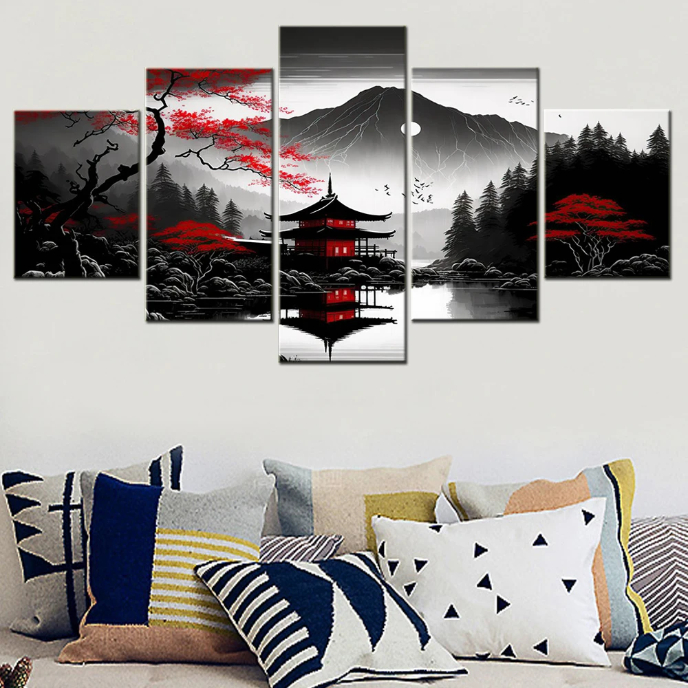 

5 Pieces Canvas Landscape Black Red Japanese Mountains Waters Home Decor Pictures Print For Living Room Wall Interior Artwork