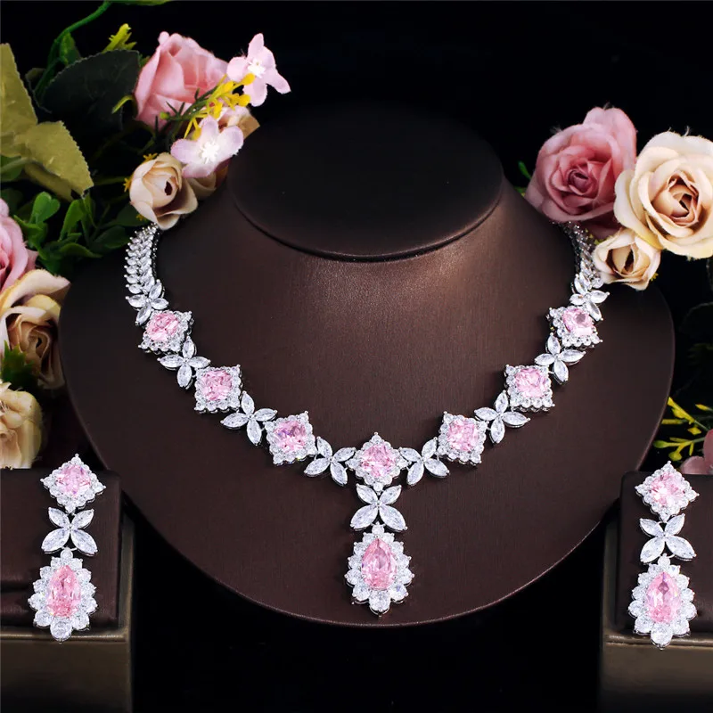 CC Jewelry Set for Women Wedding Accessories Engagement Bijoux Bridal Necklace Earrings Sets 2 PCS Pink Color Jewellery T0312