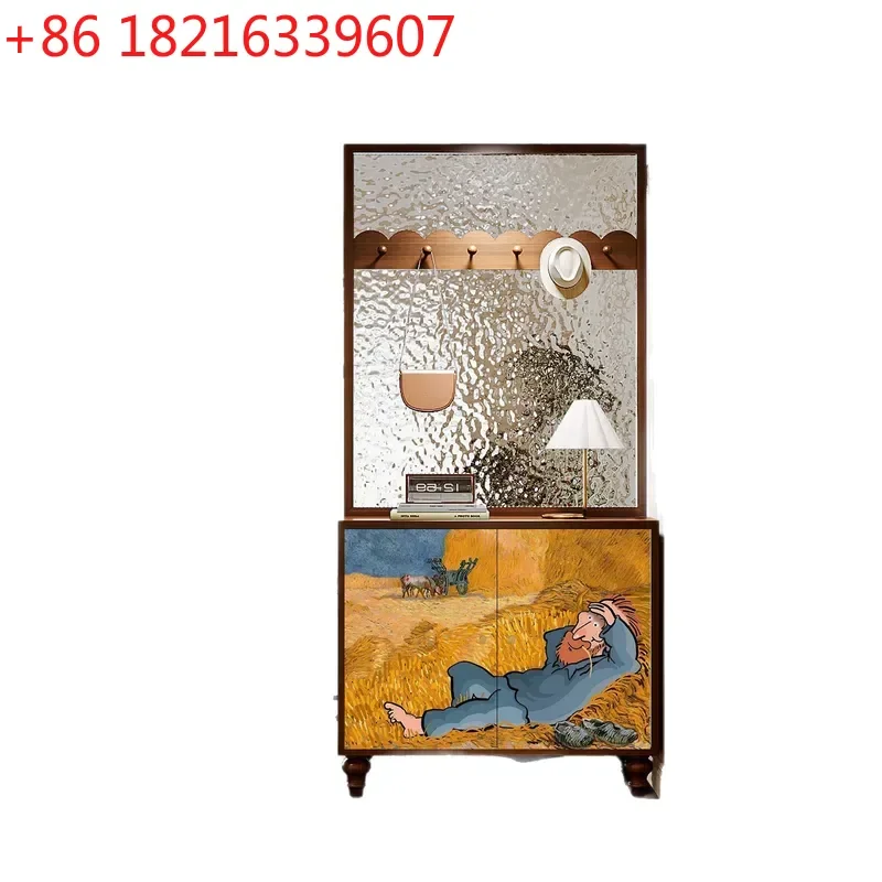 YAORetro Oil Painting Porch Cabinet Solid Wood Water Pattern Glass Entry Door Screen Partition Living Room Storage Shoe Cabinet