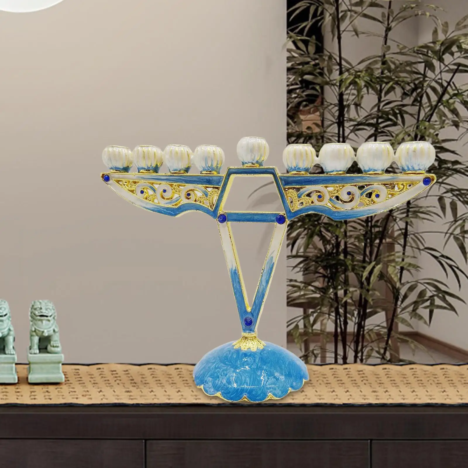 Hand Painted Hanukkah Enamel Menorah Embellished Jewish Candelabra