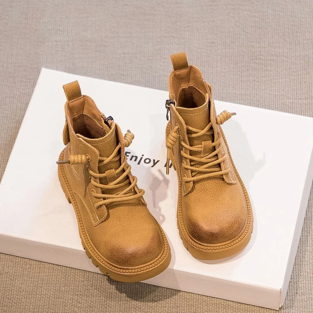 Fall boys and girls ankle boots with lacing and side zipper dual design,anti-slip soft sole,warm short boots, retro marten boots