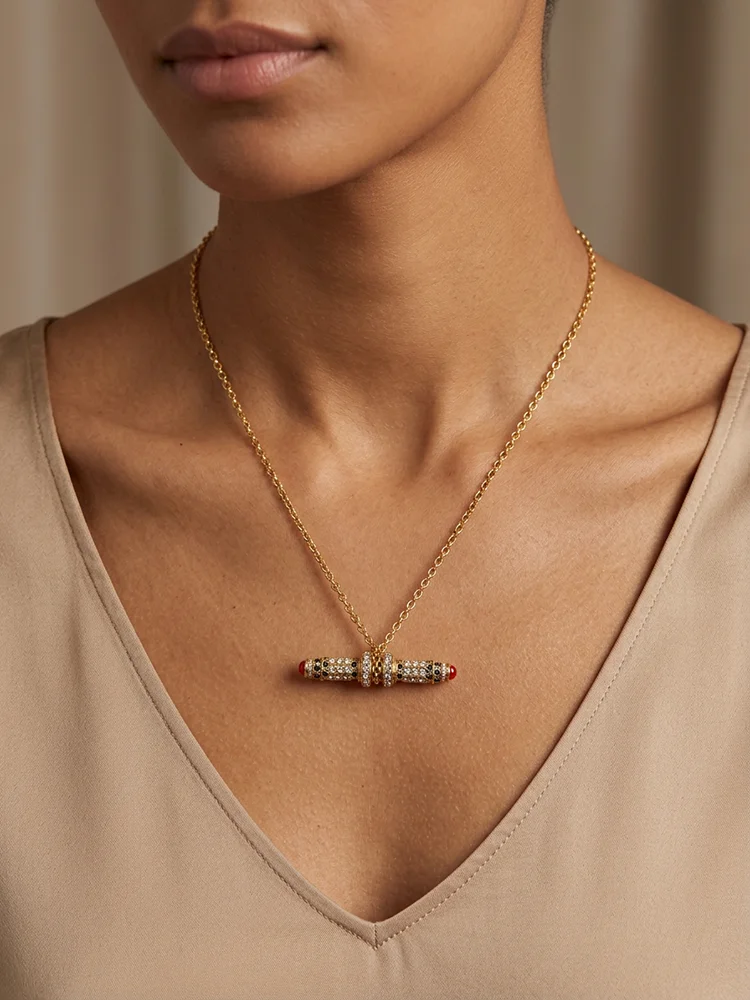 Vintage Art Style T-Shaped Column Crystal Long Necklace, Handmade Antique Reproduction Jewelry for Elegant Women