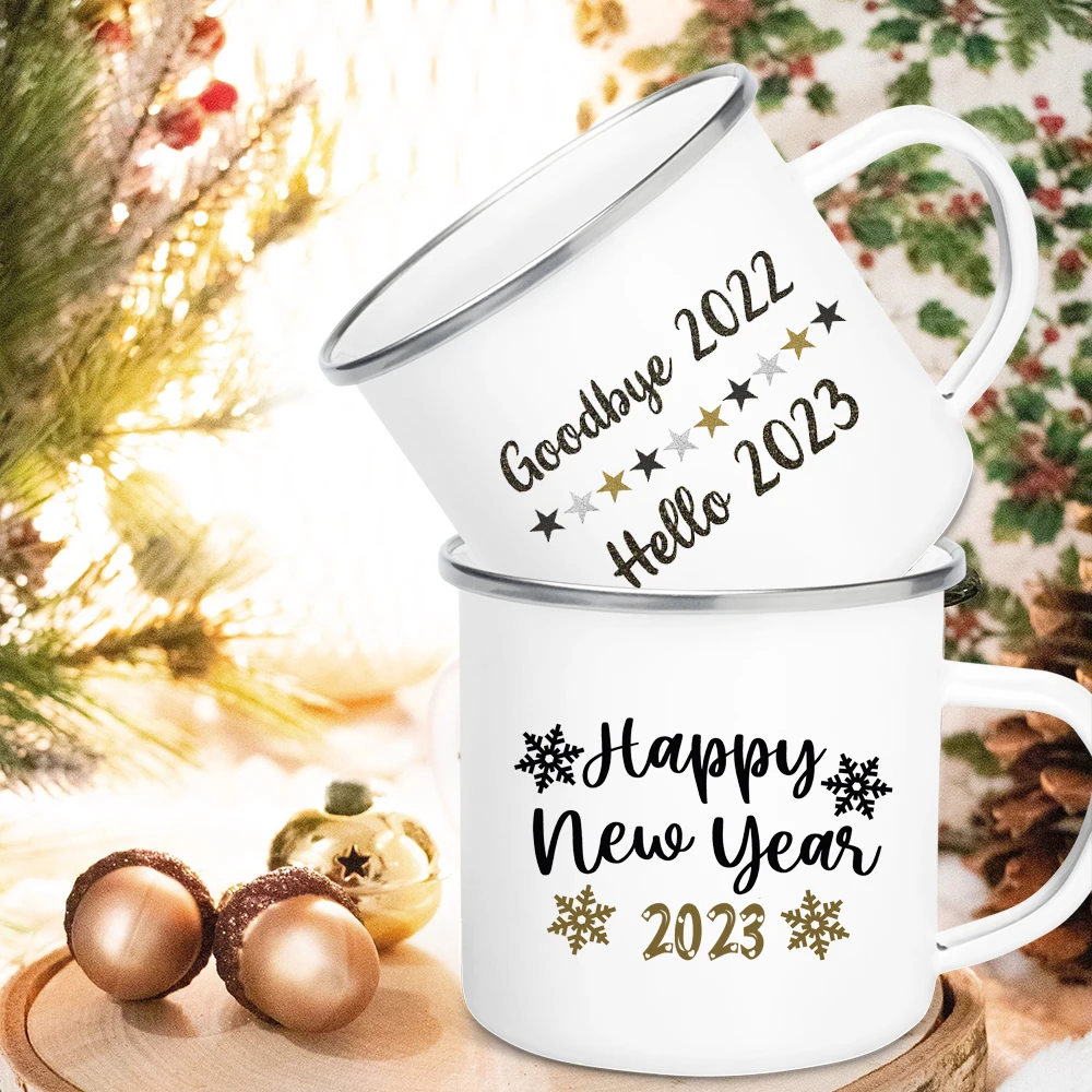 Goodbye 2022 Hello 2023 Printed Mugs Enamel Coffee Mug Juice Milk Drink Mug Party Wine Beer Cups Family Decoration New Year Gift