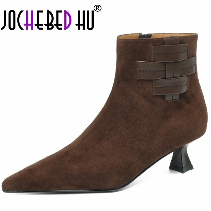 

【JOCHEBED HU】Modern Women's Ankle Boots Sexy High Heel Dress Shoes On Heel Natural Sheepskin Ladies Shoes Side Zipeprs 34-40