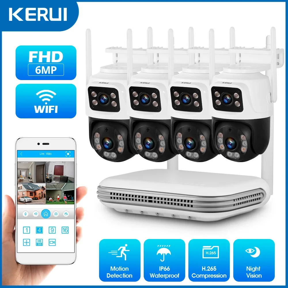 KERUI 6MP Full HD 8-kanałowy Bezprzewodowy NVR System Bezpieczeństwa WIFI IP Kamera z Podwójnym Obiektywem Zestaw Zewnętrzny Monitoring CCTV Rejestrator Audio Wideo