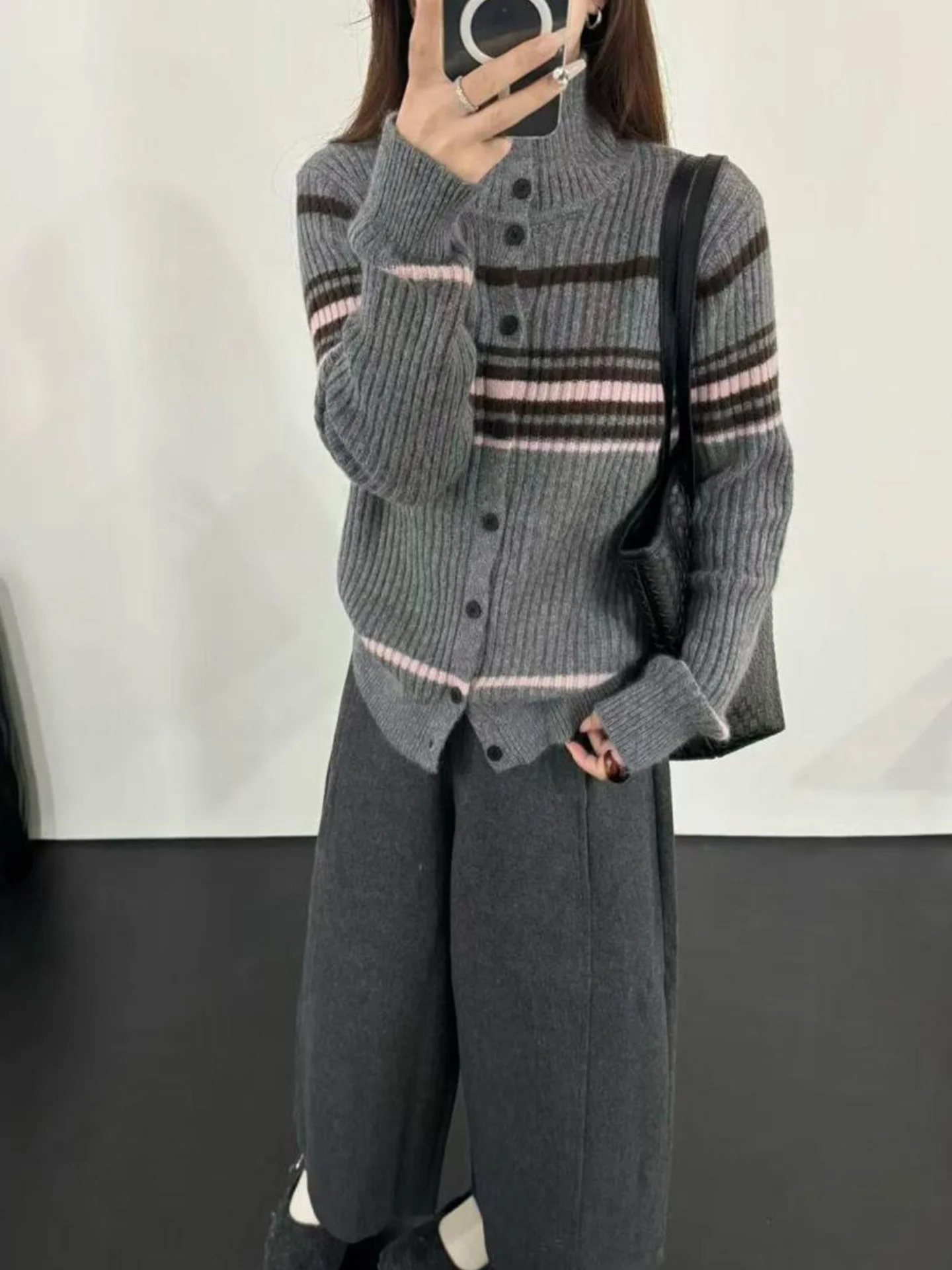 Couleur Blo rayé tricots longue Sve couche de base décontractée haut hiver respectueux de la peau anti-âge coréen Sle Faionable ouvert...