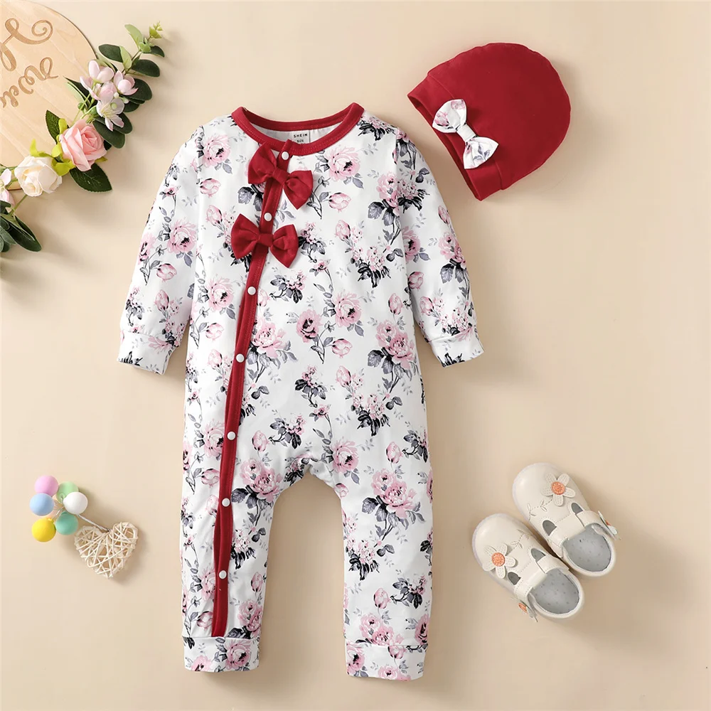 0-18 Months Newborn Baby Girl Romper Clothes Long Sleeve Flower Bodysuit Costume Lovely Baby Spring Jumpsuit Outfit with Hat