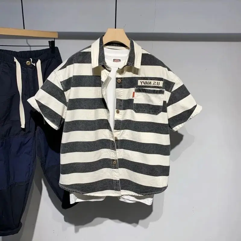 

Модная повседневная полосатая рубашка с короткими рукавами в стиле ретро