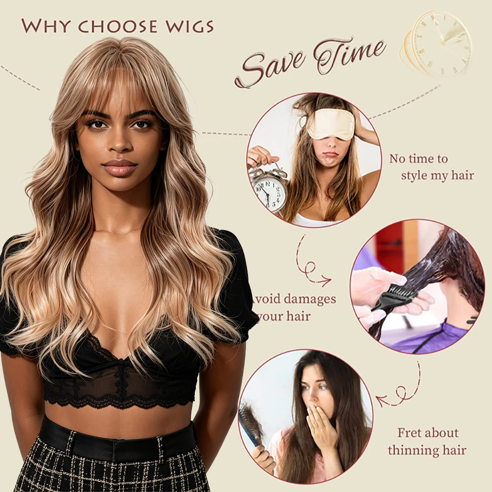 Ombre Rose Gold Long Wavy Wig Pre Plucked Natural Hairline 20" Air Bangs Glueless Heat Resistant Daily Party Wig For Black Women 6